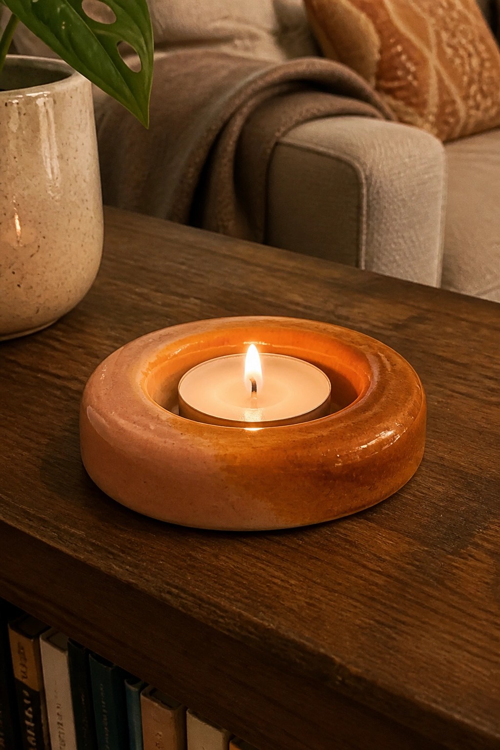 Lit candle in glossy orange ceramic holder on dark wooden table with plant nearby
