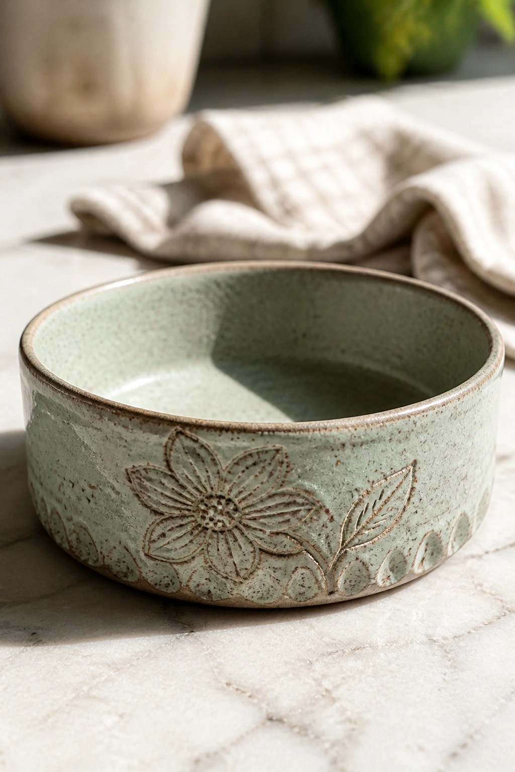 Light green ceramic bowl with embossed flower design on marble surface.
