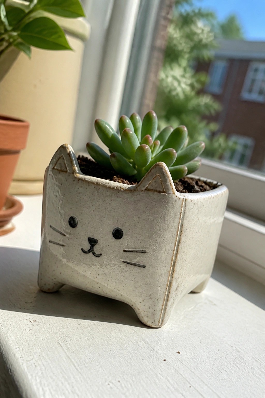 Ceramic cat-shaped planter with green succulent on sunny white windowsill