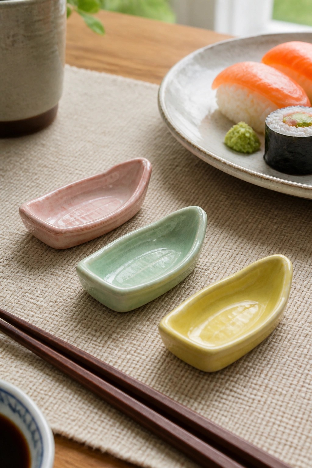 Three colorful ceramic dishes with sushi, chopsticks, and soy sauce on table.