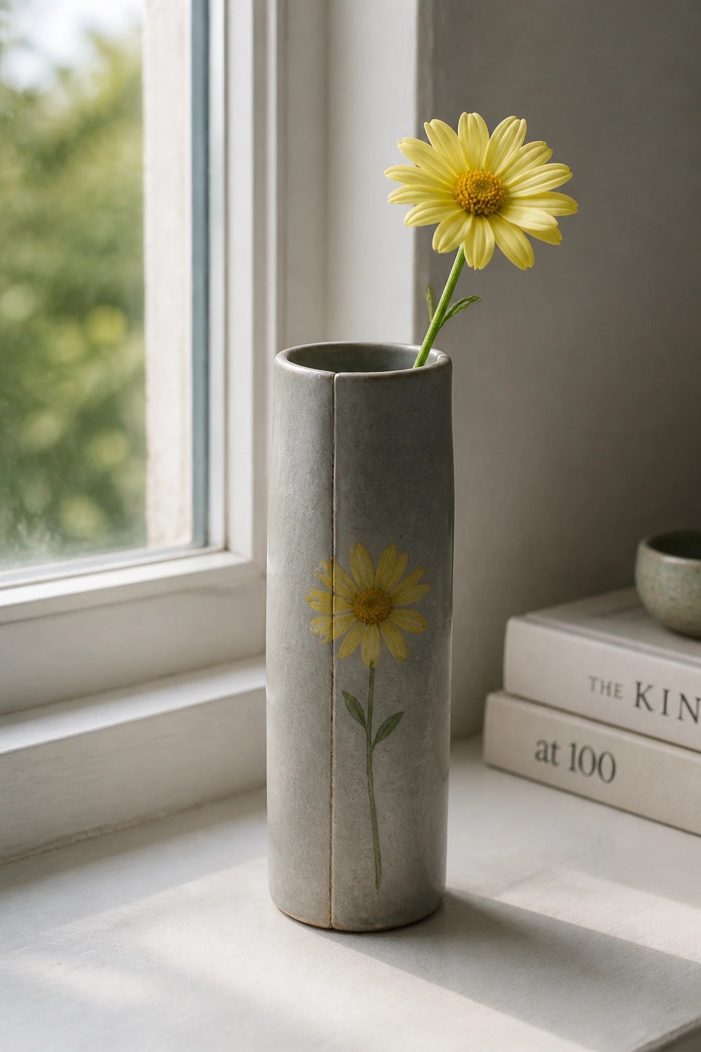 Gray vase with painted daisy holds yellow flower on windowsill beside books