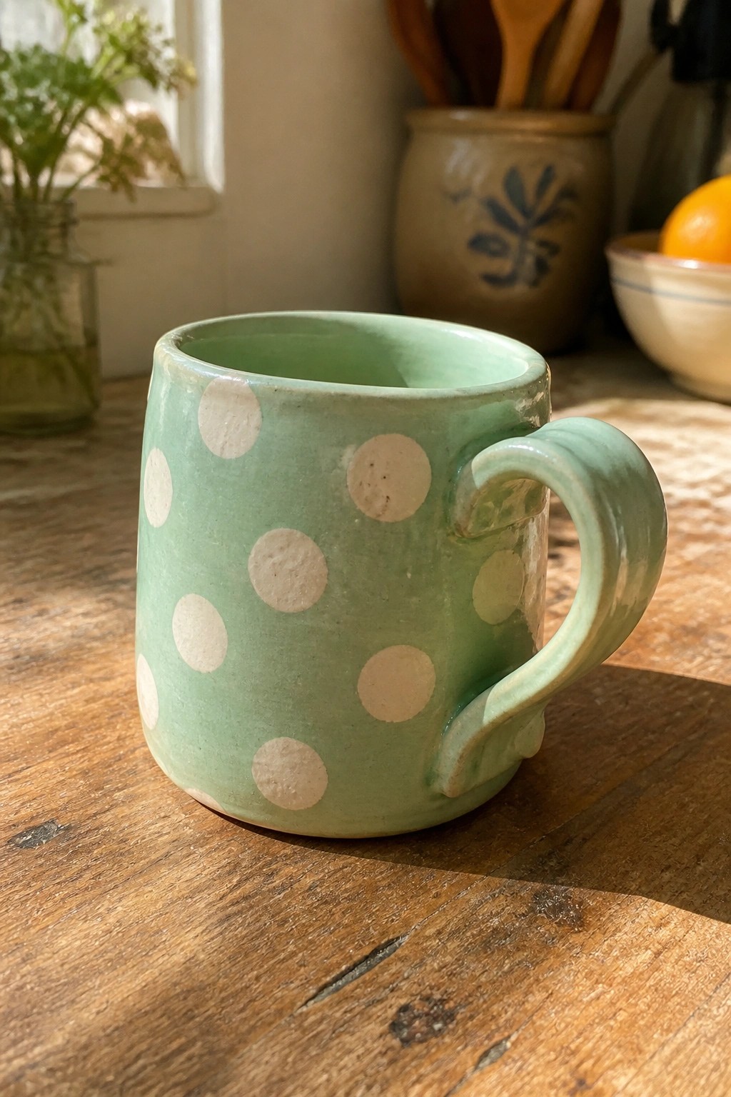 Light green ceramic mug with white polka dots on wooden table