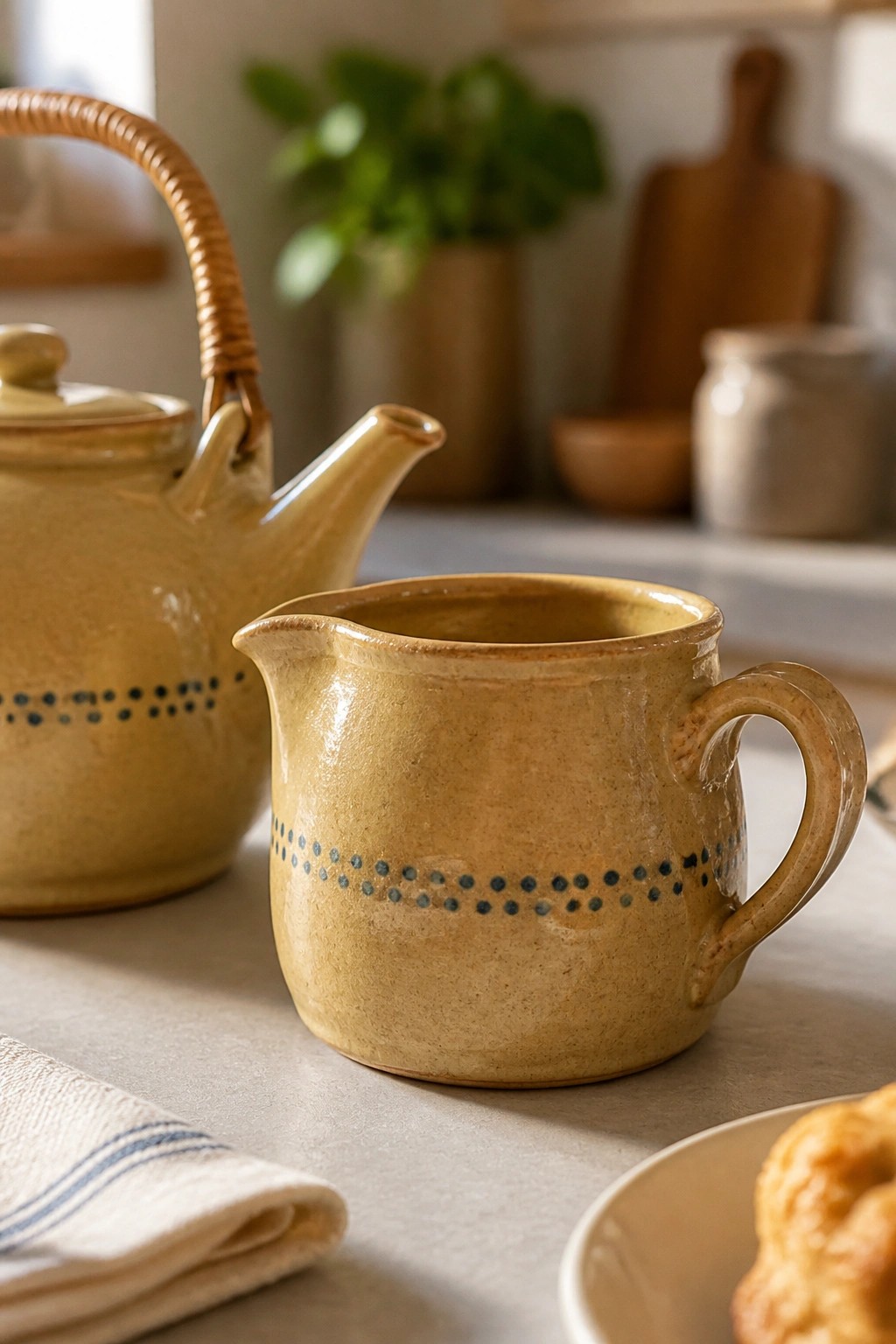 Yellow ceramic creamer and teapot with blue dotted bands on counter