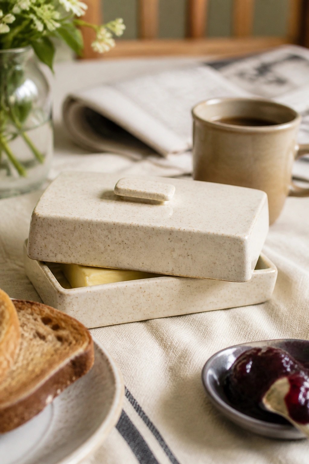 Speckled ceramic butter dish with bread, jam, coffee mug, and newspaper on table