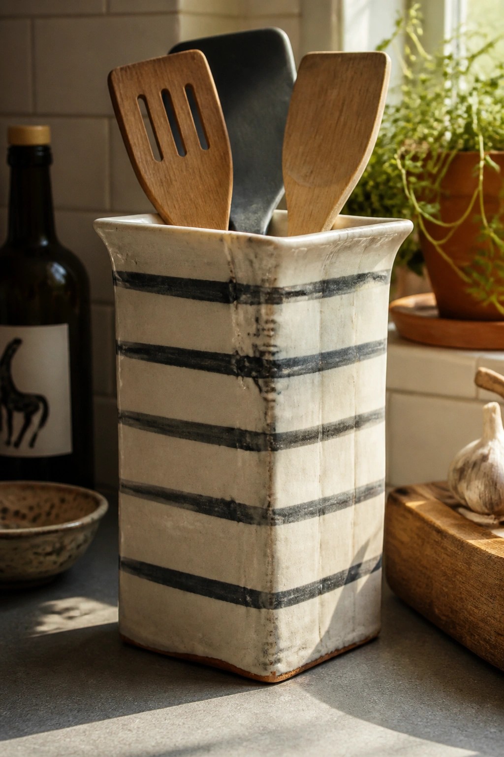 Striped ceramic holder with wooden spatulas on kitchen counter beside wine bottle