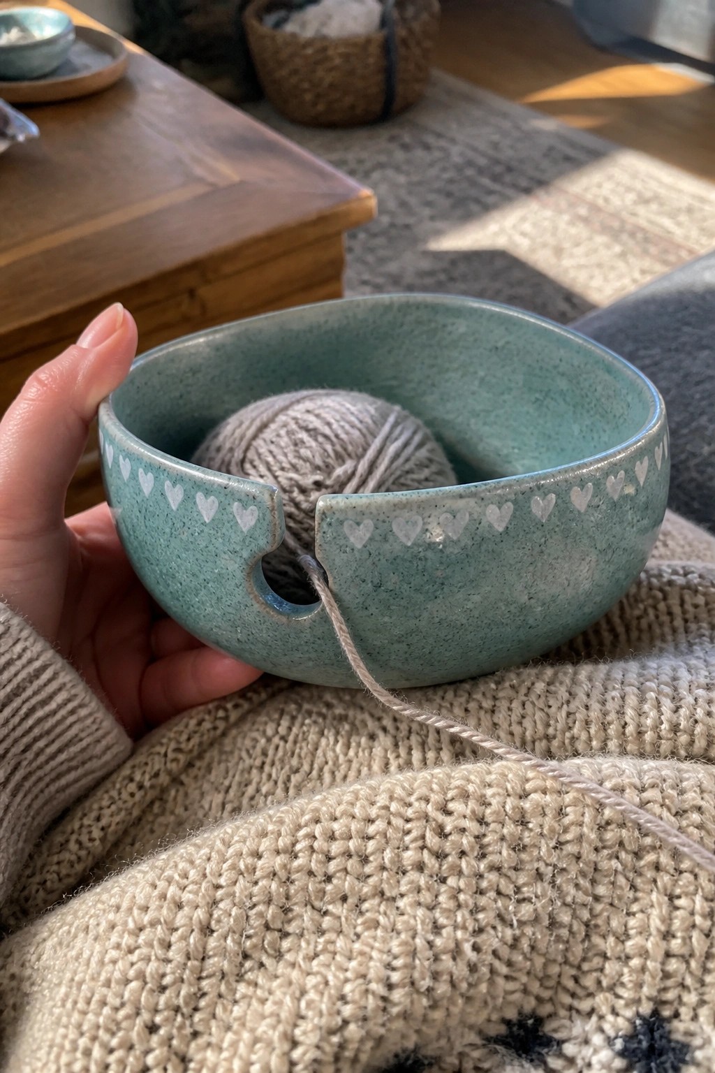Hand holding speckled teal yarn bowl with white hearts and gray yarn on beige sweater