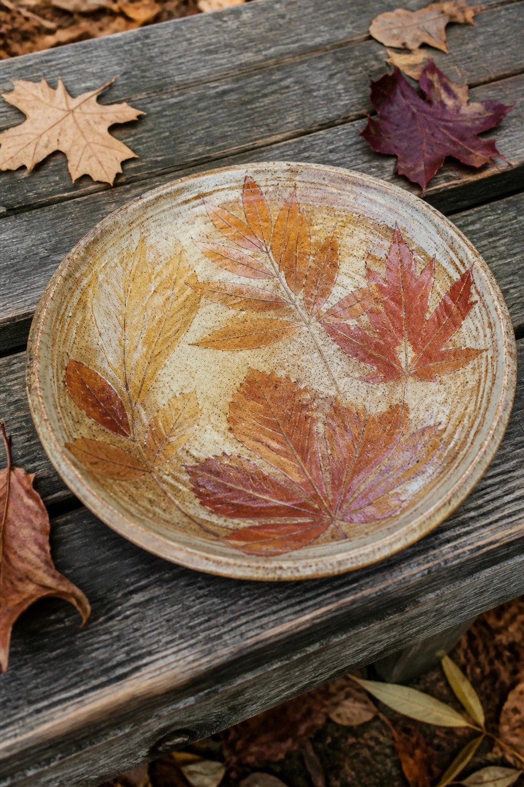 Speckled ceramic bowl with embossed autumn leaves in warm tones on weathered wood