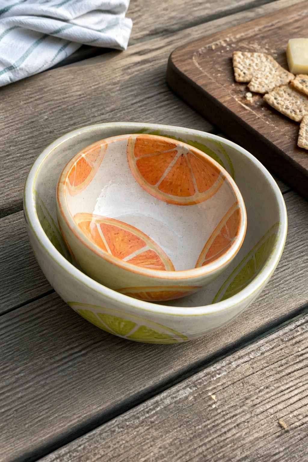Nested ceramic bowls with orange and lime slices on wooden table