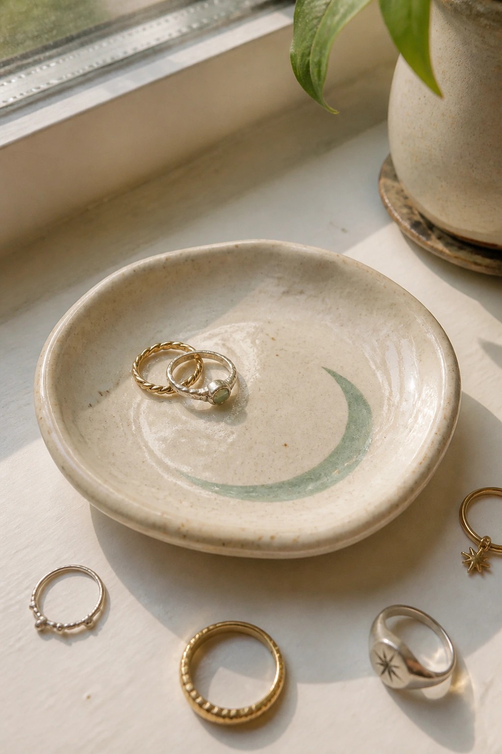 Assorted gold and silver rings in a moon-decorated ceramic dish on a windowsill.