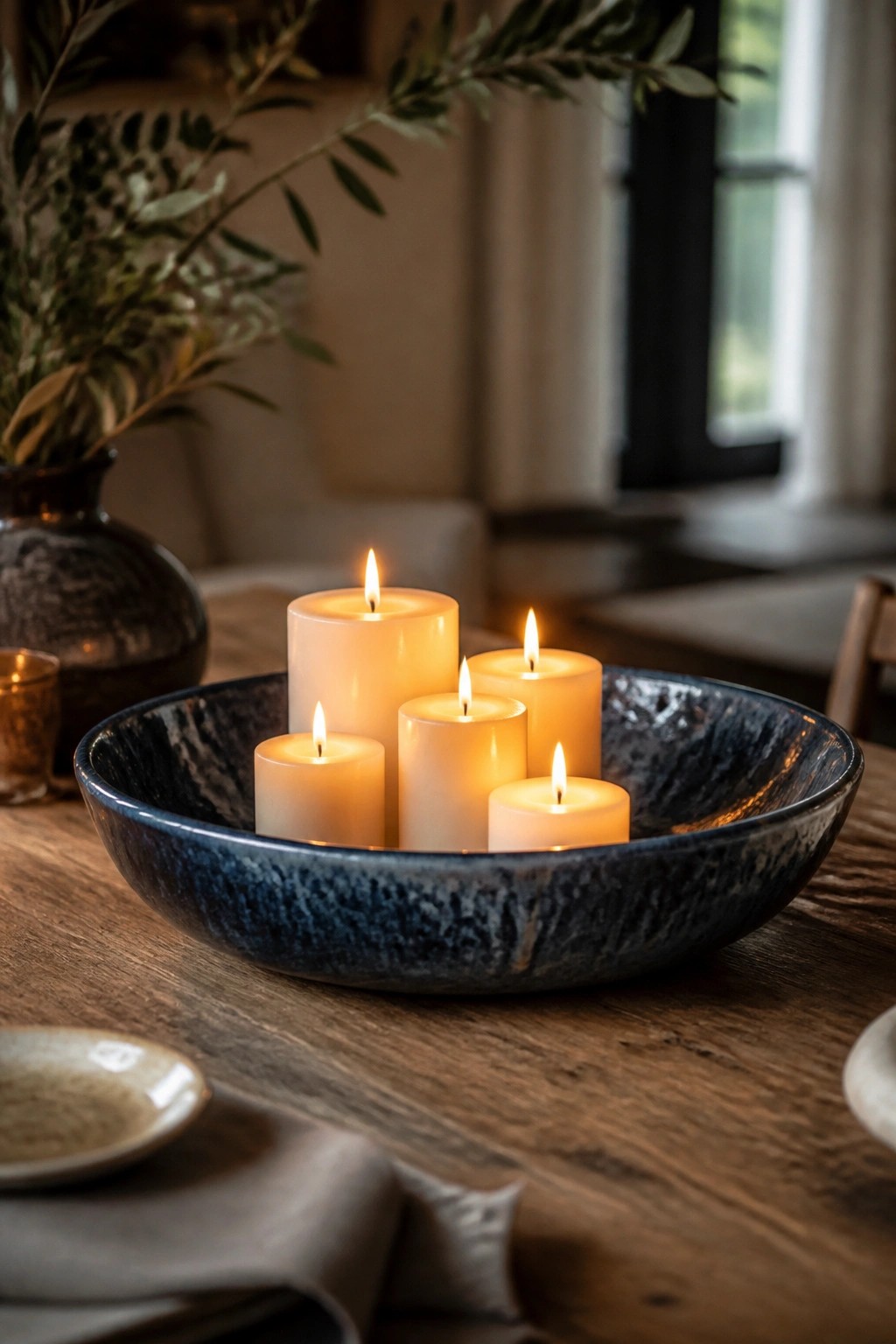 Five lit white candles in a blue bowl on a wooden table