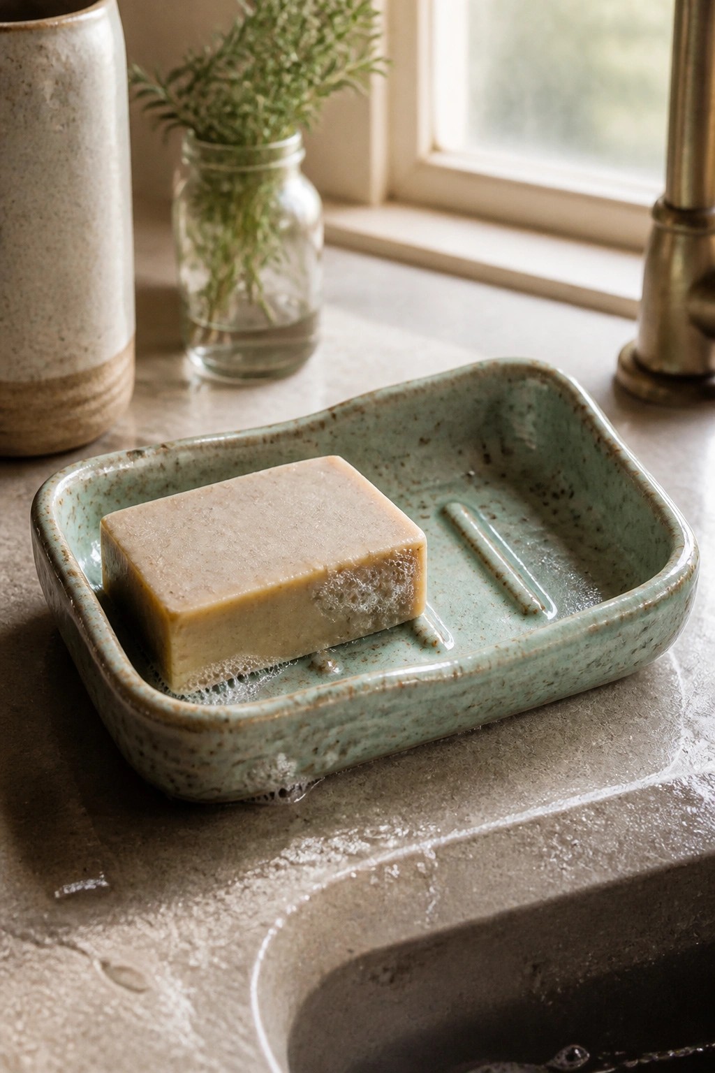 Beige soap bar in speckled green ceramic dish on wet stone sink