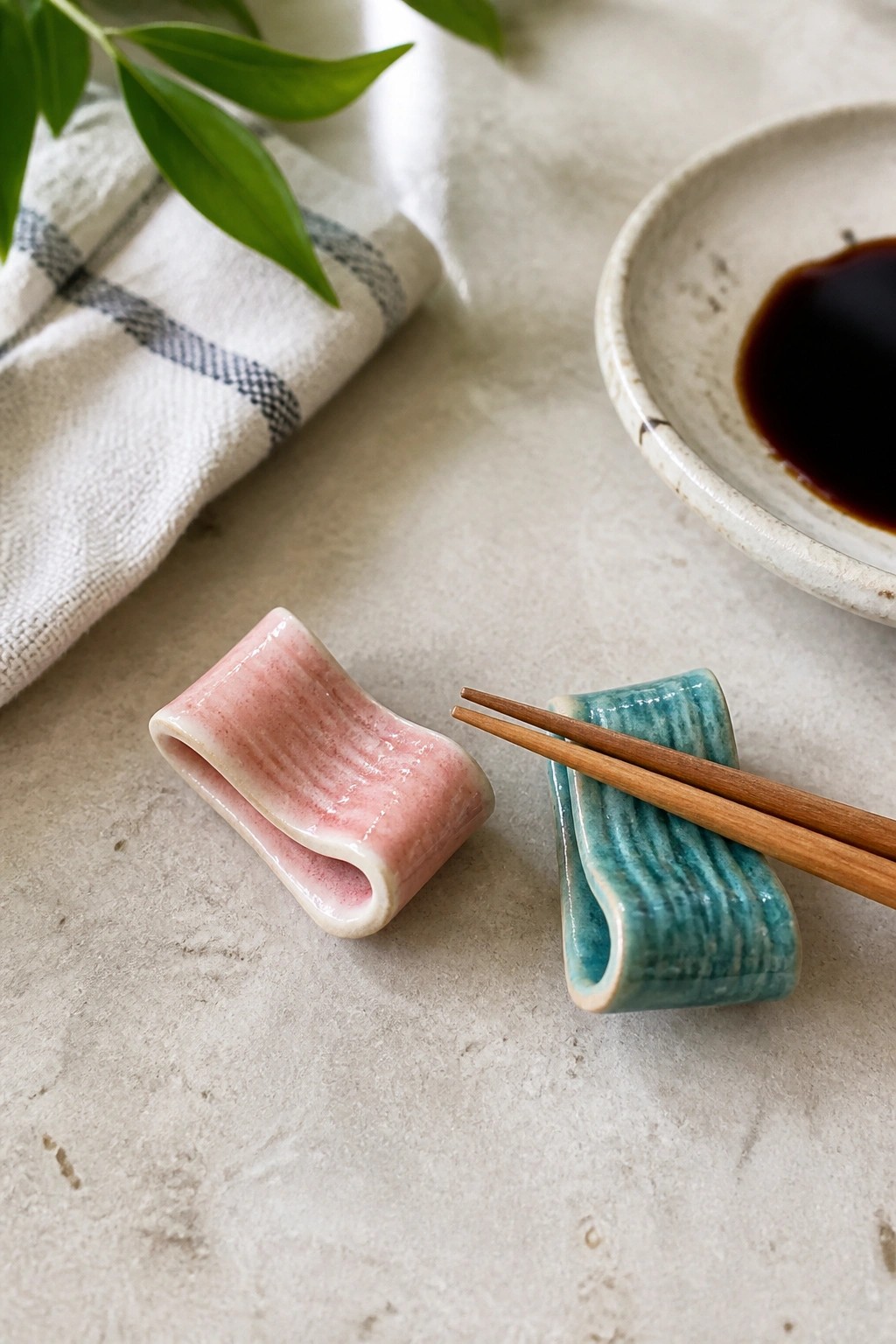 Pink and teal ceramic chopstick rests with wooden chopsticks beside soy sauce dish
