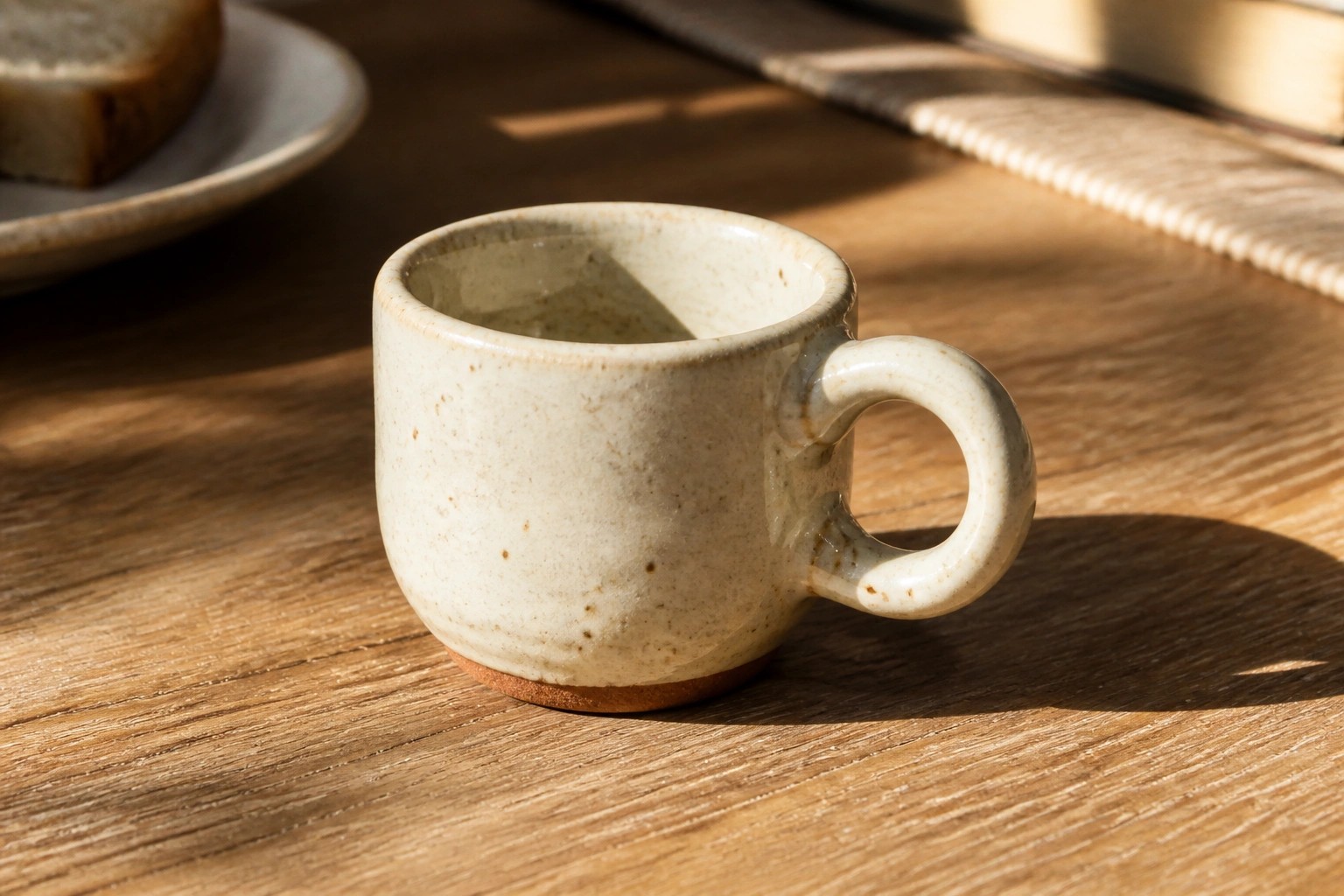 Small speckled beige ceramic mug with handle on sunlit wooden table