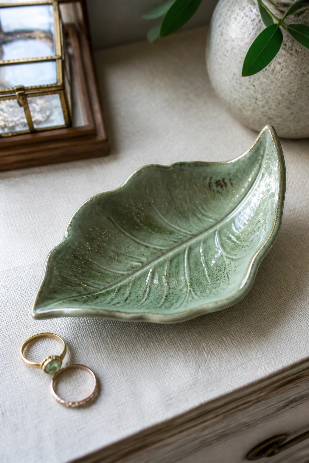 Green leaf-shaped ceramic bowl with gold speckles beside two rings on fabric