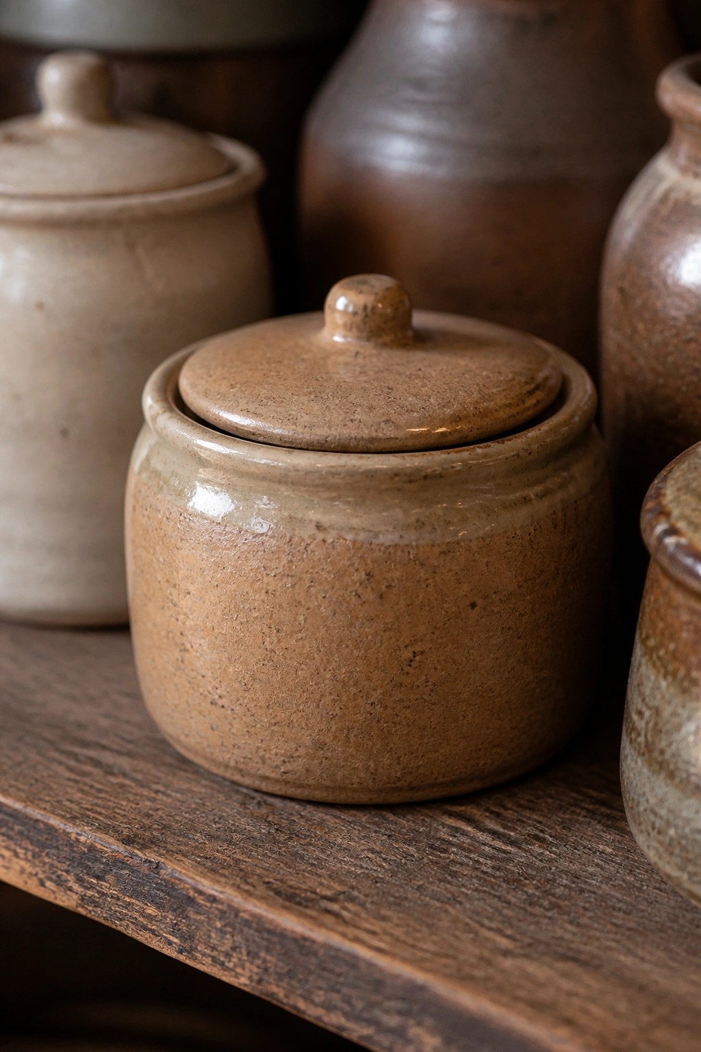 Rustic brown ceramic lidded jars on a dark wooden shelf