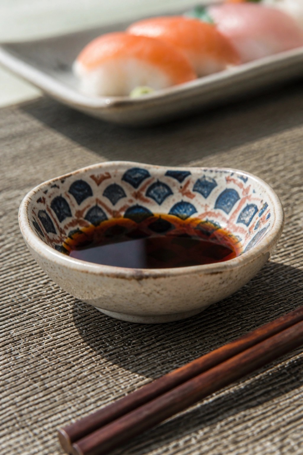 Patterned ceramic bowl of soy sauce beside chopsticks with blurred sushi in background