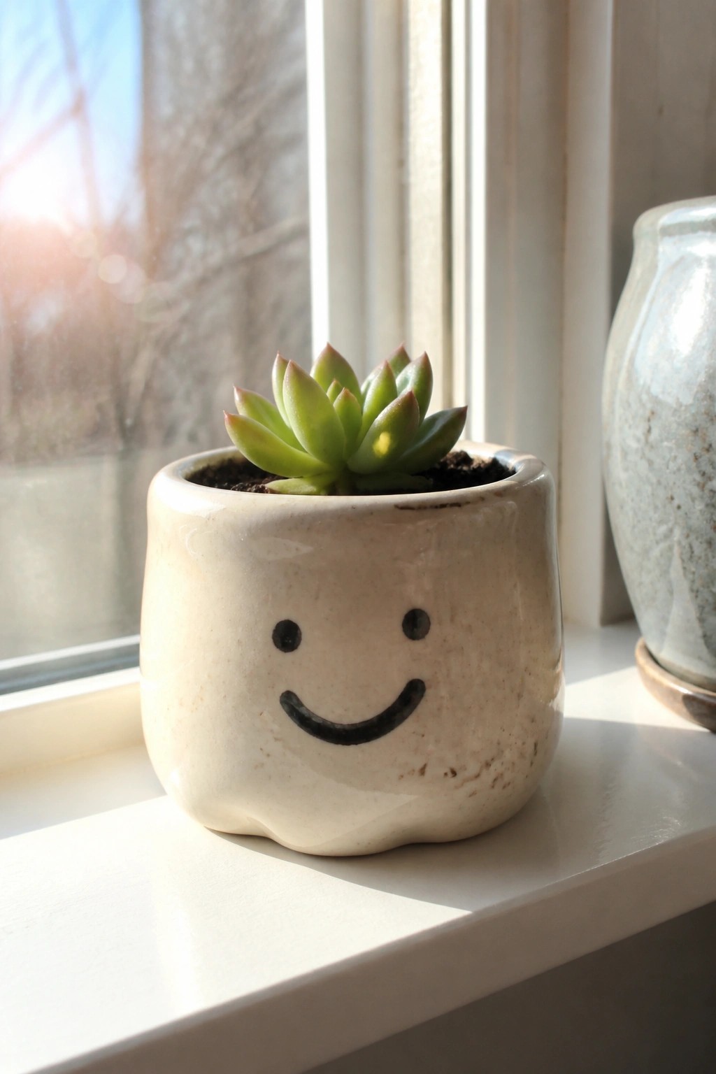 Green succulent in white ceramic smiley-face pot on sunny windowsill