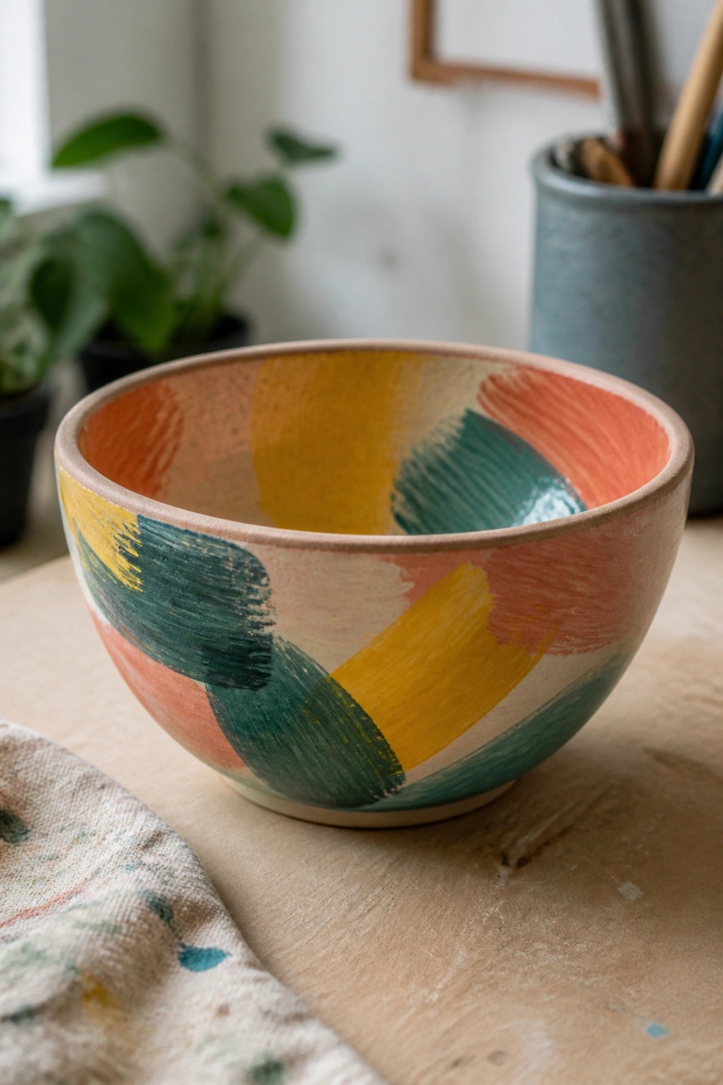 Vibrant hand-painted ceramic bowl with colorful brushstrokes on wooden table