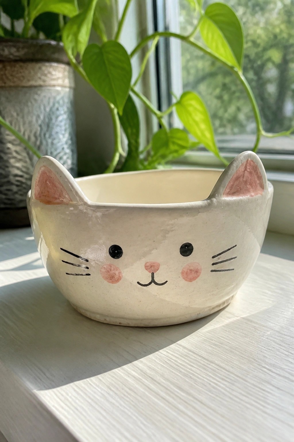 White ceramic cat-face bowl with pink ears and cheeks on windowsill
