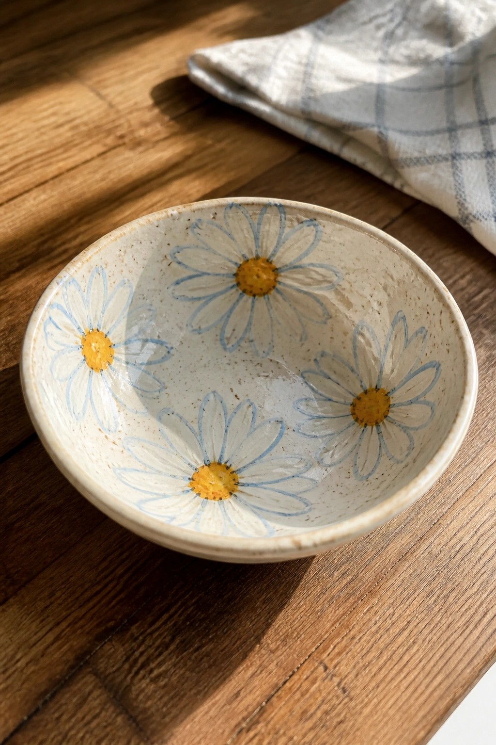Ceramic bowl with blue-outlined daisies on wooden table beside checkered cloth.