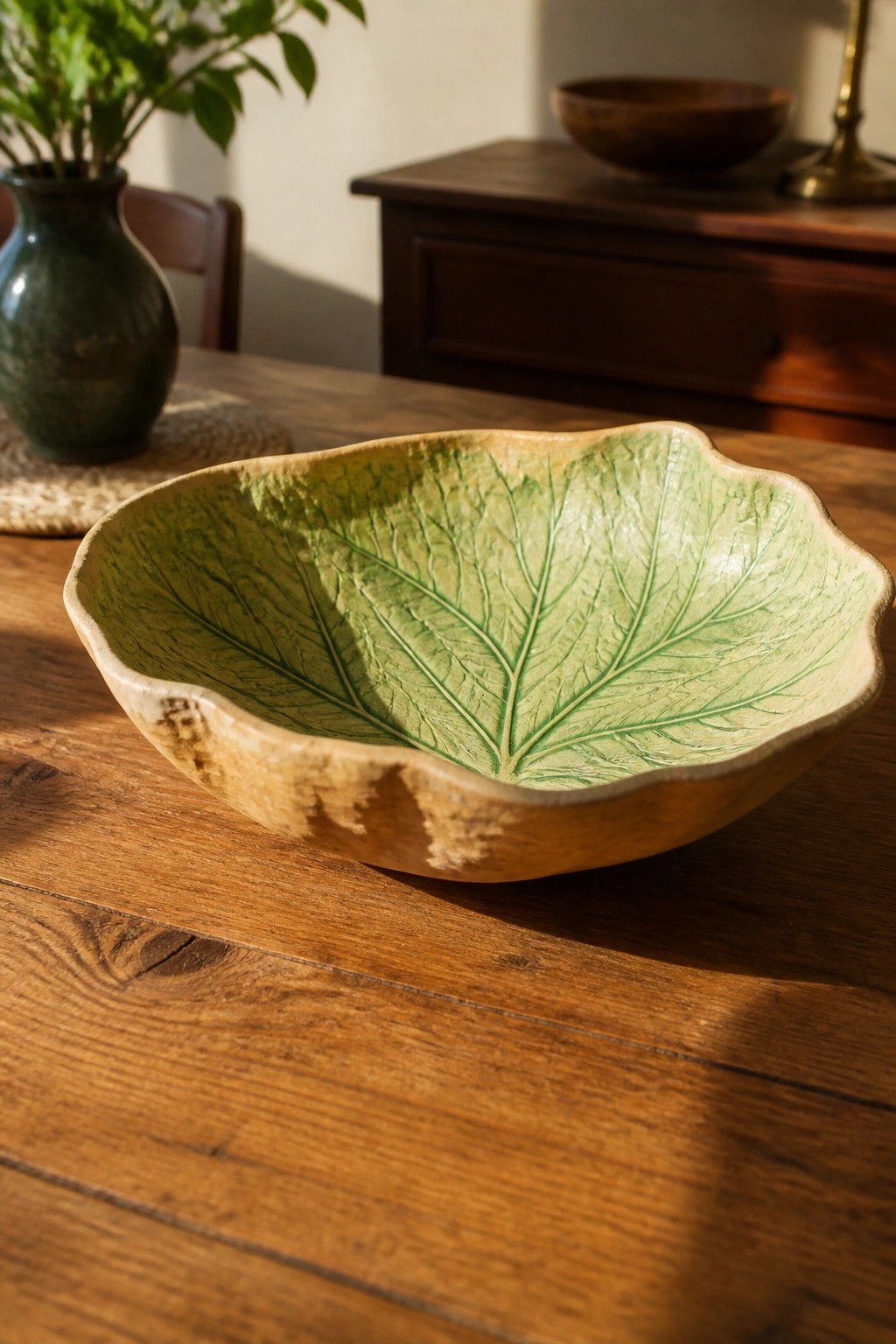 Leaf-patterned ceramic bowl in shades of green on sunlit wooden table.