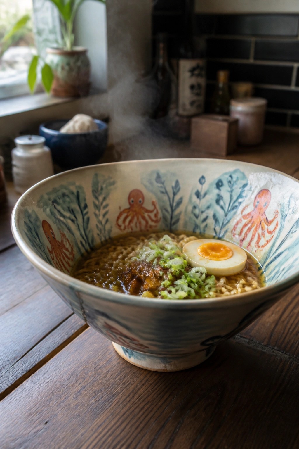 Steaming ramen bowl with egg, green onions, and octopus illustrations on ceramic.