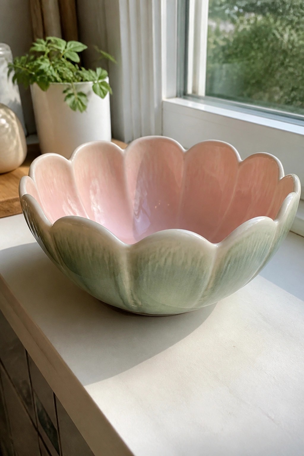 Scalloped ceramic bowl with pink interior fading to green exterior on windowsill.