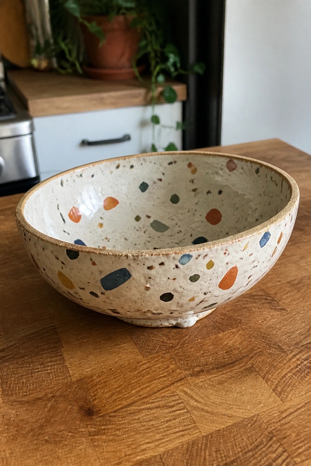 Ceramic bowl with colorful terrazzo speckles on wooden kitchen table
