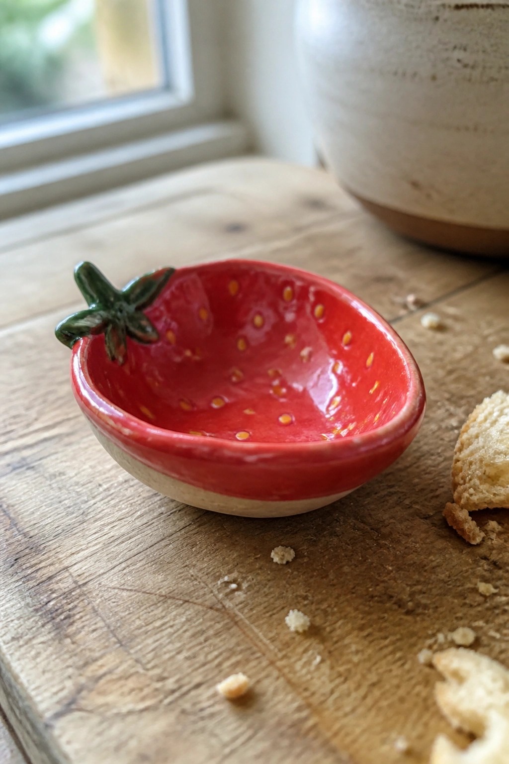 Red strawberry ceramic bowl with yellow dots and green leaves on wood table