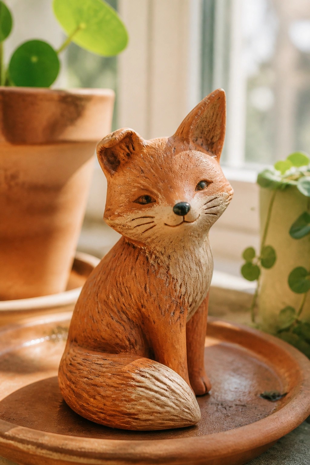 Handcrafted reddish-brown fox figurine on wooden tray amid potted plants
