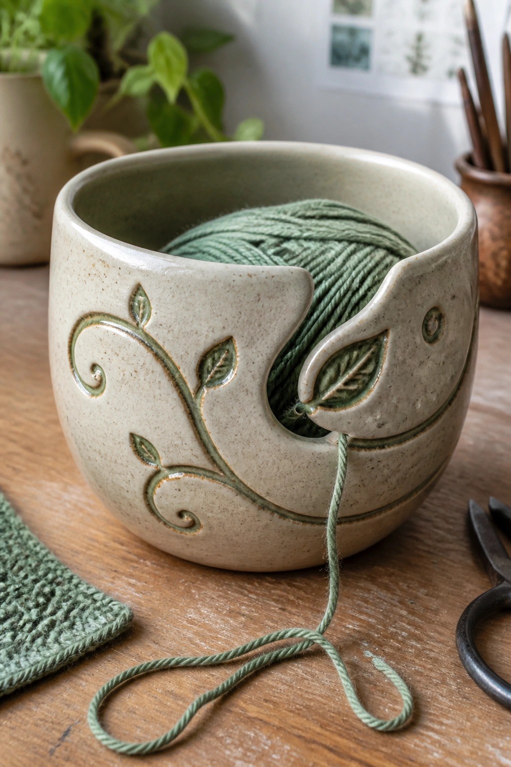 Ceramic yarn bowl with leaf design holding green yarn on wooden table