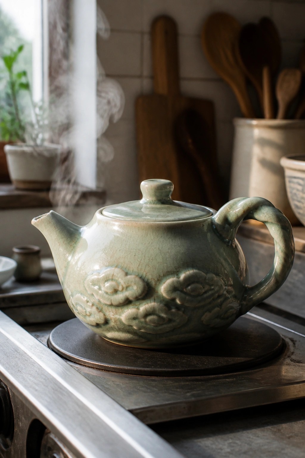 Green ceramic teapot with cloud motifs, steam rising from spout on stove