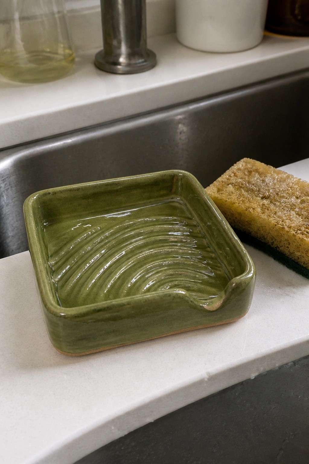 Green ceramic dish with wavy ridges beside yellow sponge on white countertop near sink