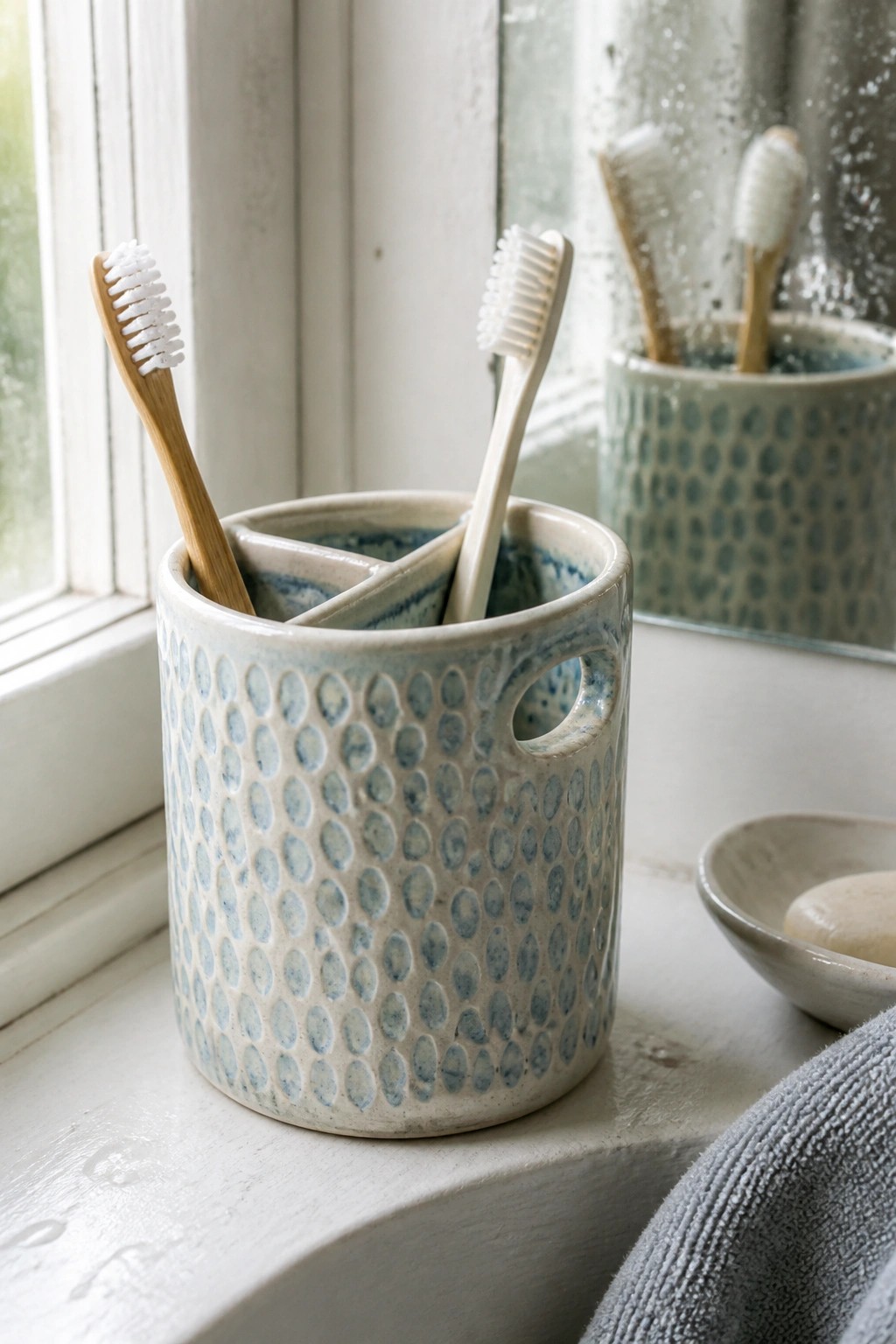 Two bamboo toothbrushes in a blue-speckled ceramic holder on a windowsill