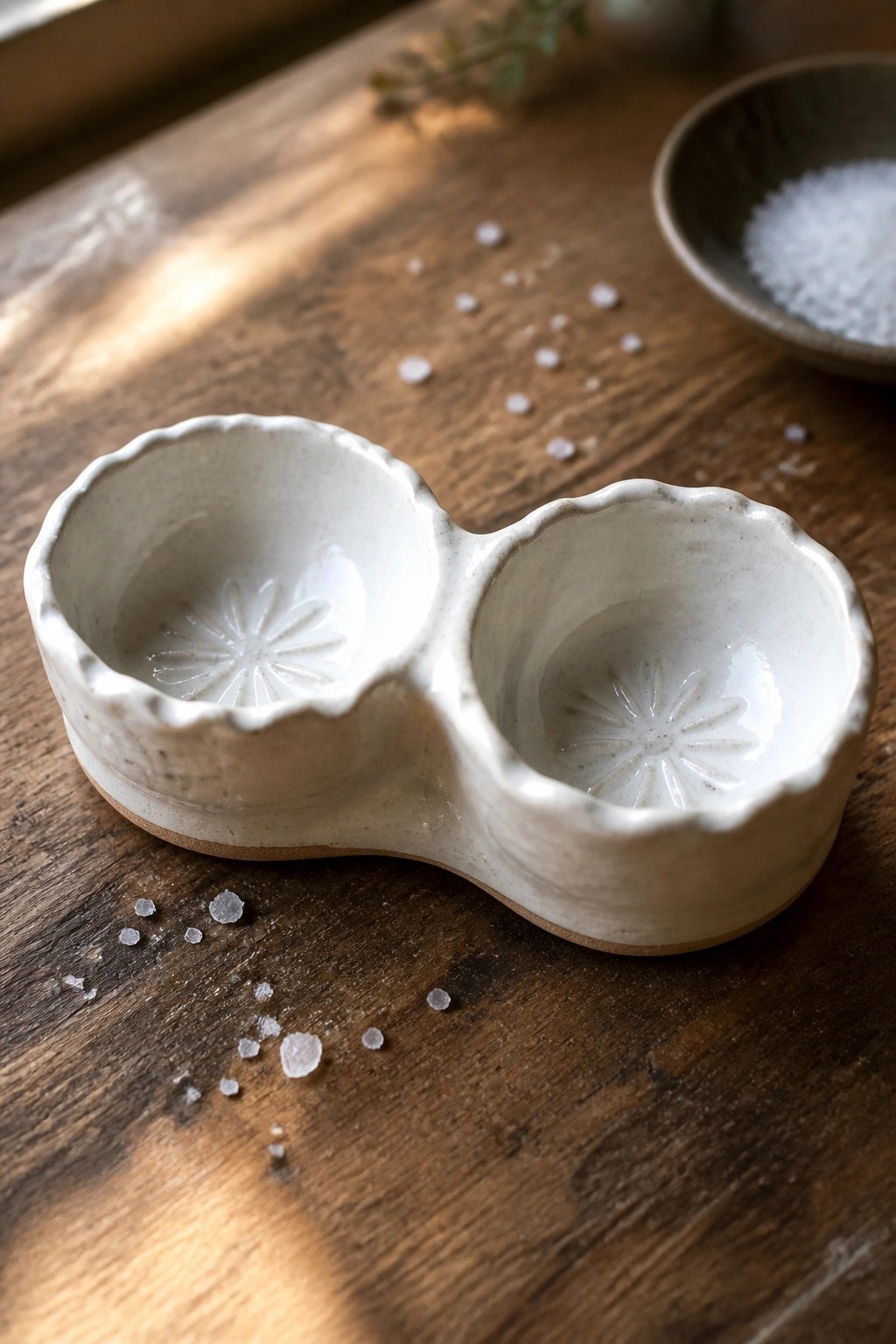 Two-lobed white ceramic bowls with scalloped rims and floral patterns on wooden table