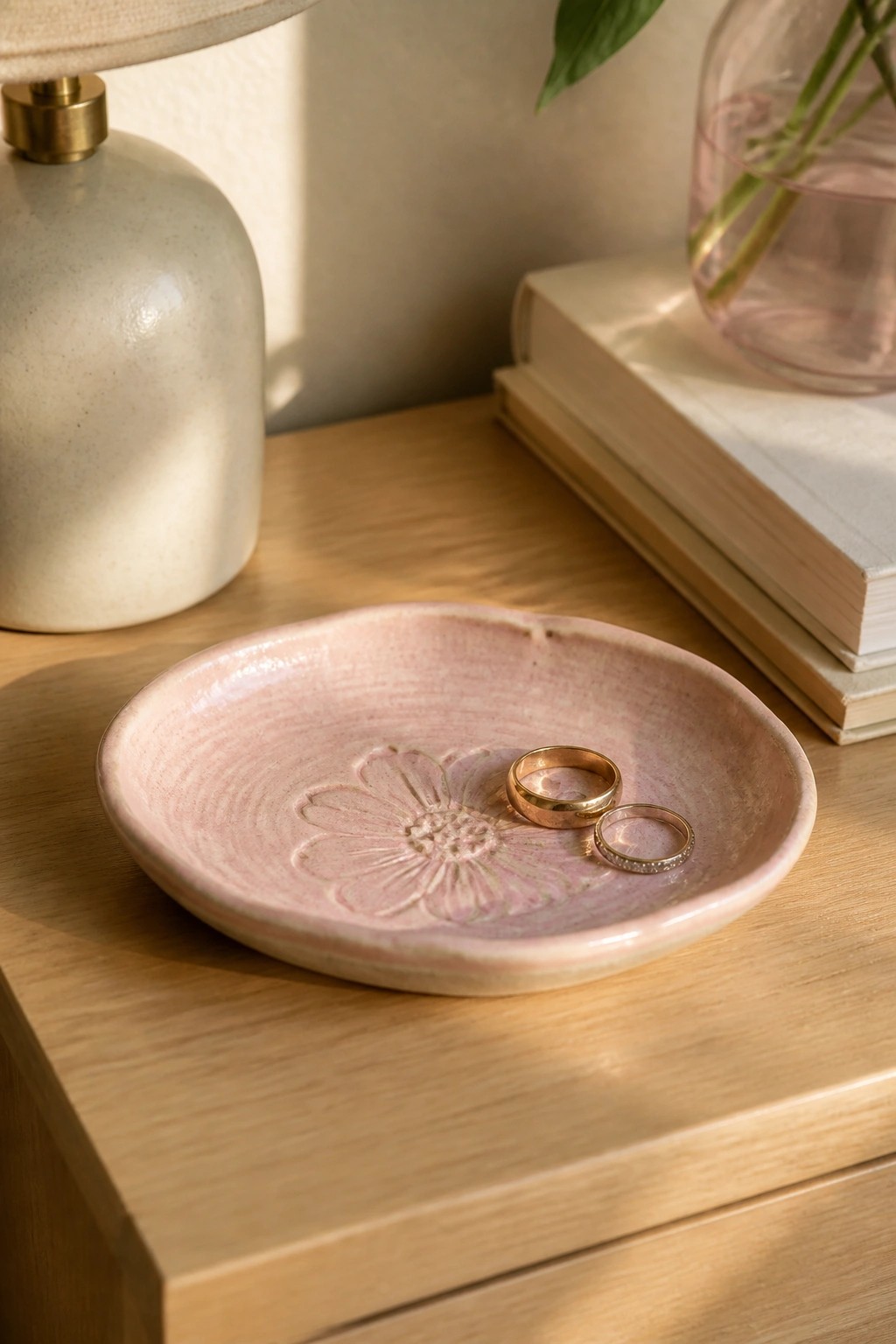 Two rings rest in a pink floral ceramic dish on a wooden table with lamp and books