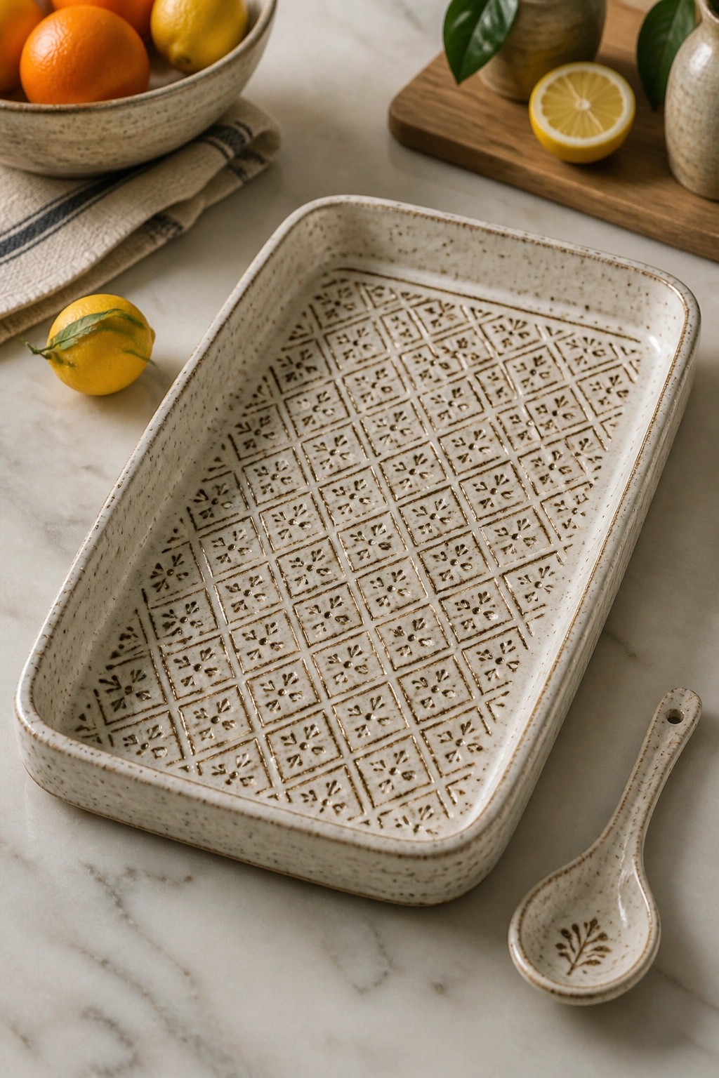 Speckled ceramic baking tray with square patterns beside a small matching spoon on marble.