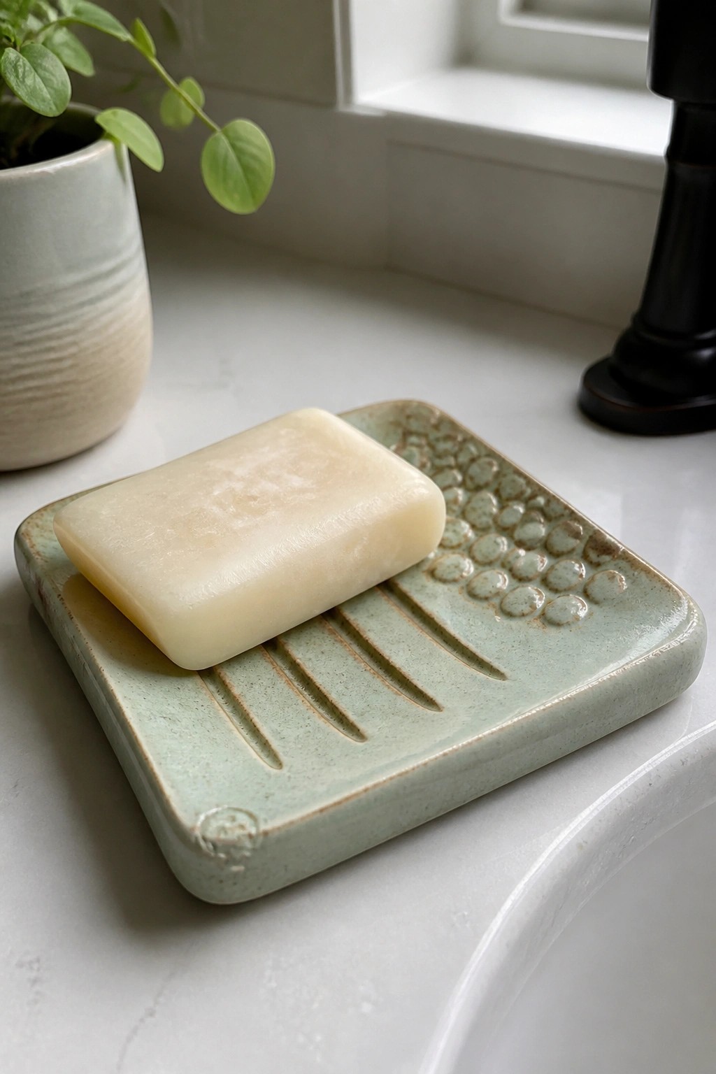 Pale soap bar on light green ceramic dish with grooves and raised dots.