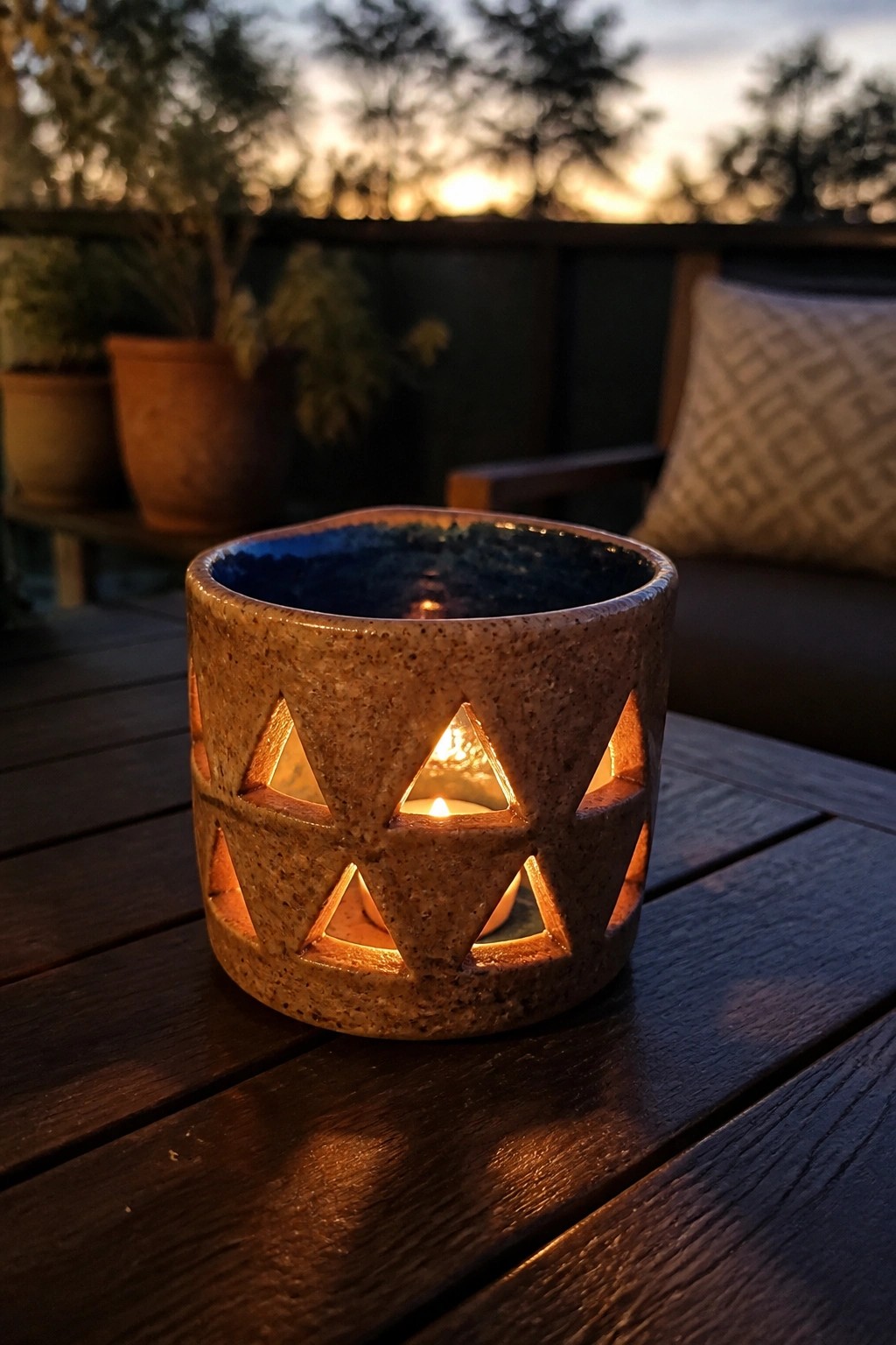 Lit candle glowing through triangular cutouts in a speckled ceramic holder on wooden table
