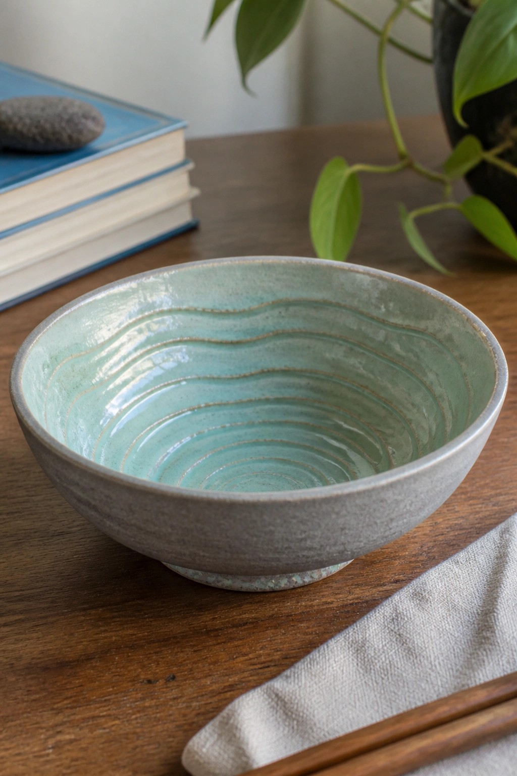 Turquoise glazed bowl with wavy ridges on wooden table near napkin and chopsticks