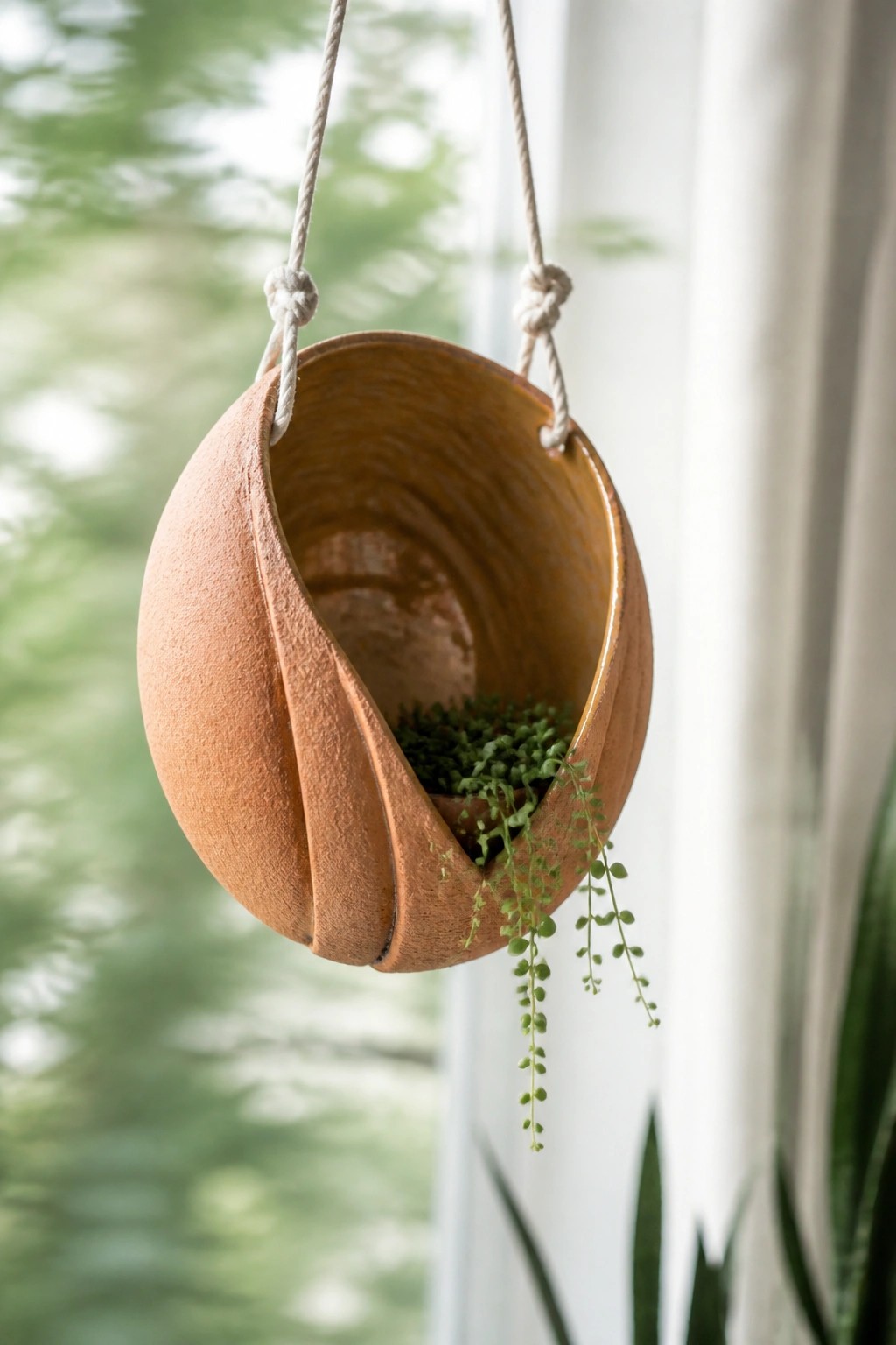 Hanging terracotta planter with trailing green plant suspended by ropes.