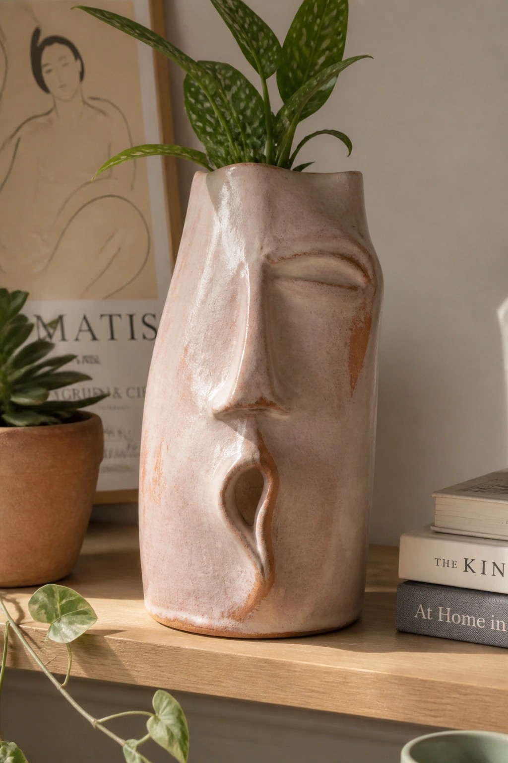 Light pink face-shaped ceramic vase with plant on wooden shelf beside books