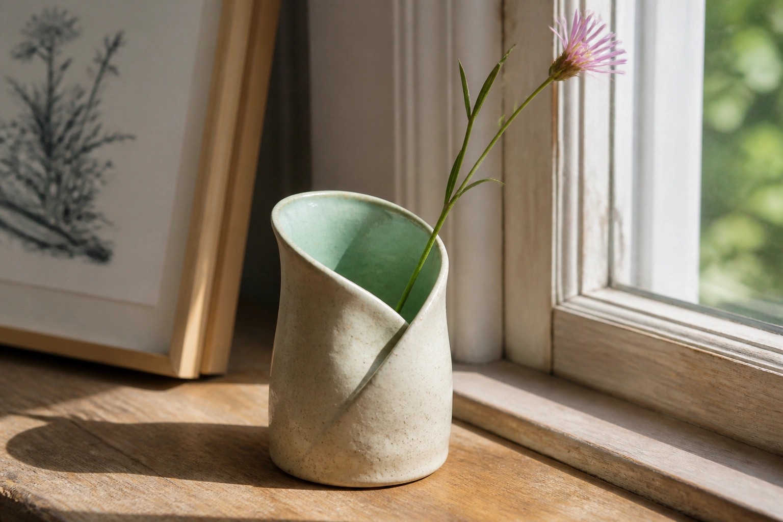 Twisted beige ceramic vase with green interior holding a single white wildflower on wood