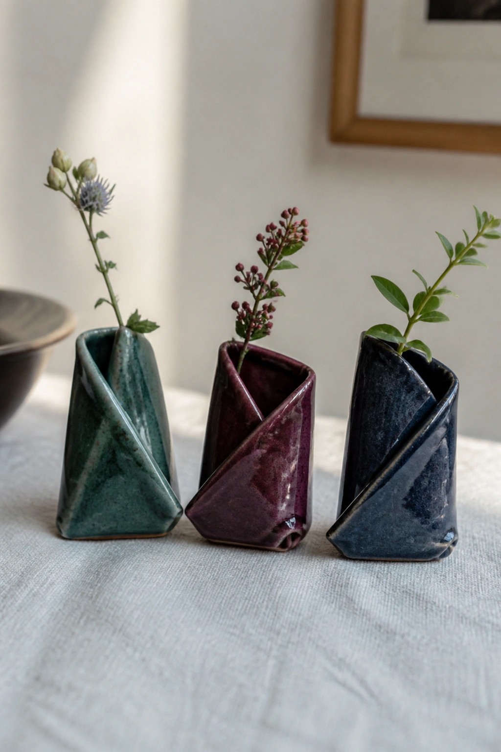 Three angular ceramic vases in teal, purple, and blue holding delicate sprigs.