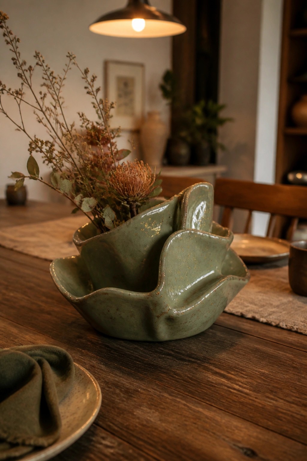 Organic green ceramic bowl with dried flowers on rustic wooden dining table