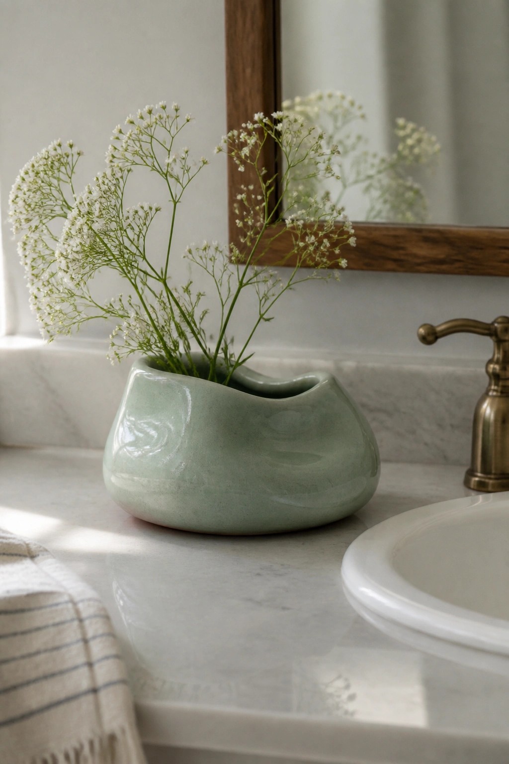 Light green ceramic vase with delicate white flowers on marble bathroom counter