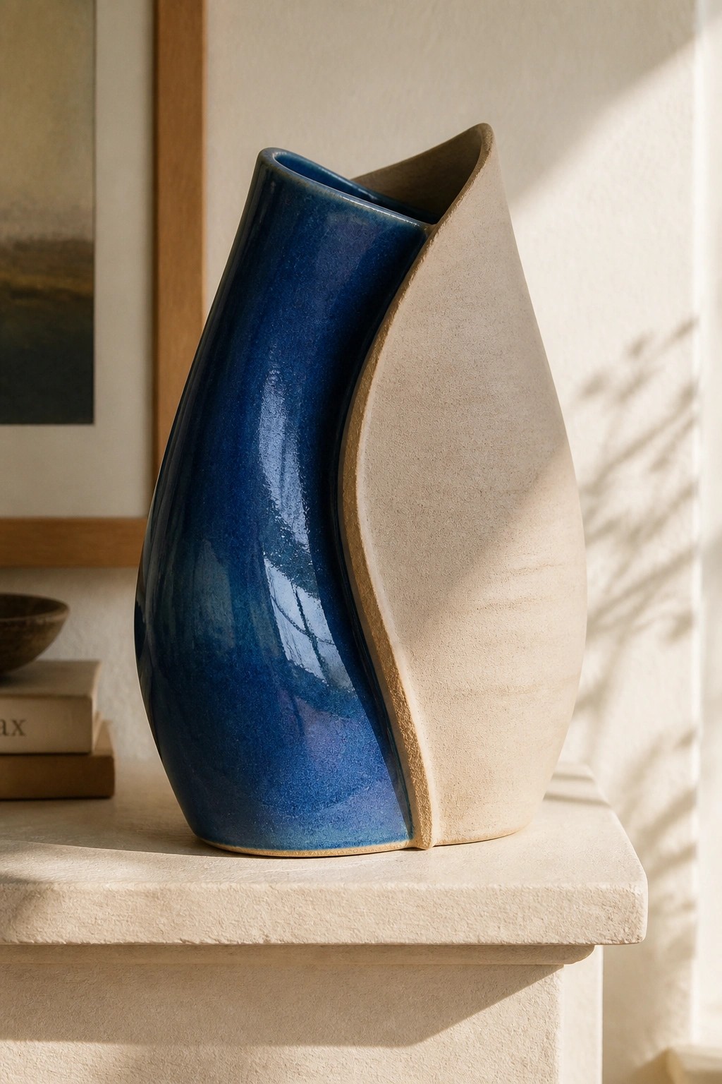 Blue and beige sculptural ceramic vase on a stone ledge