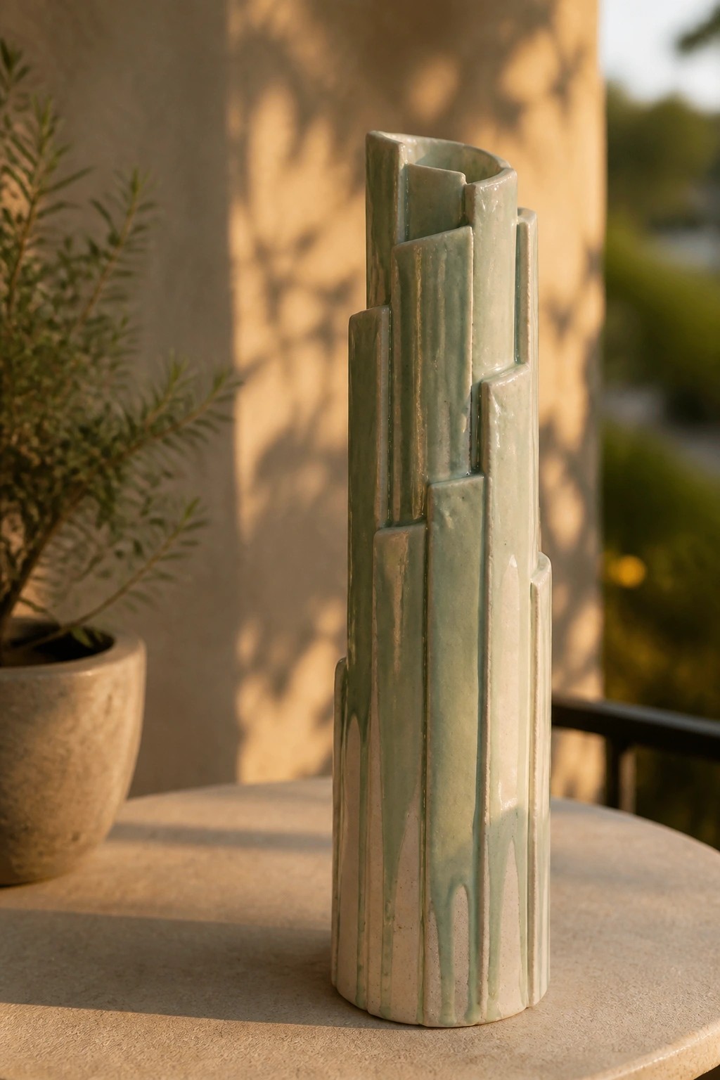 Tall mint-green ceramic vase with geometric layers on stone table outdoors