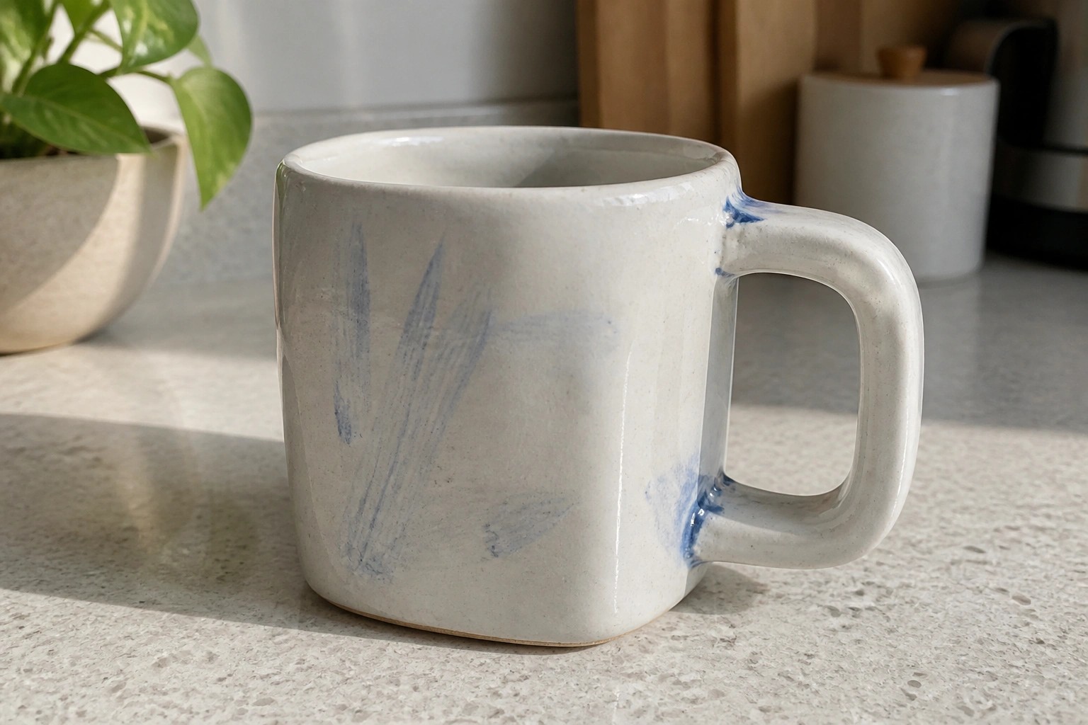 White ceramic mug with blue brushstrokes on speckled kitchen countertop