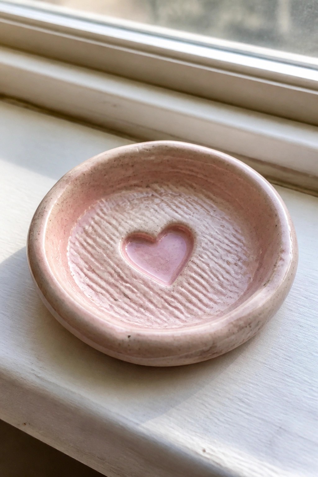 Pink ceramic bowl with heart design on white windowsill by window.